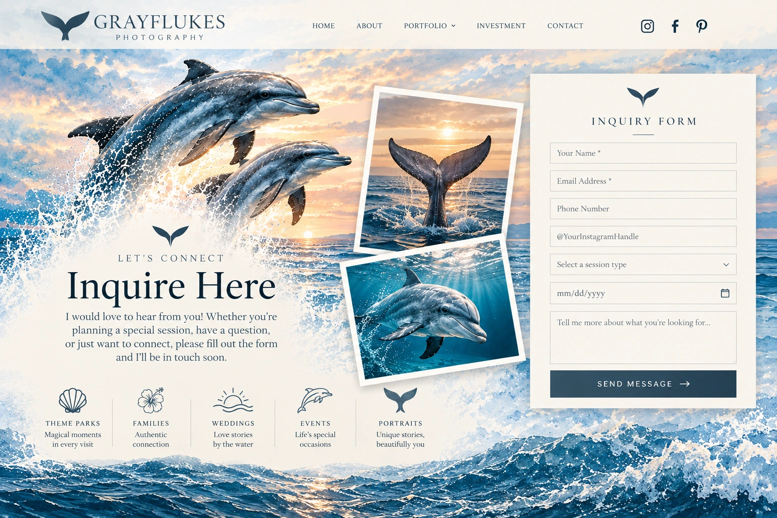 Ocean watercolor design with two fully visible jumping dolphins, whale-fluke and underwater dolphin photographs, and ocean waves