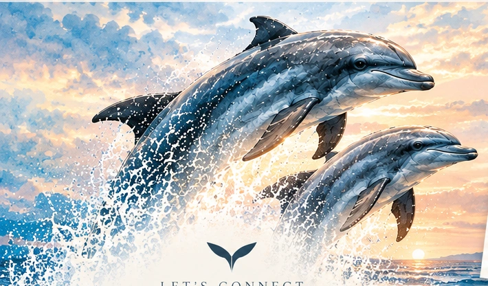 Watercolor illustration of dolphins above the ocean